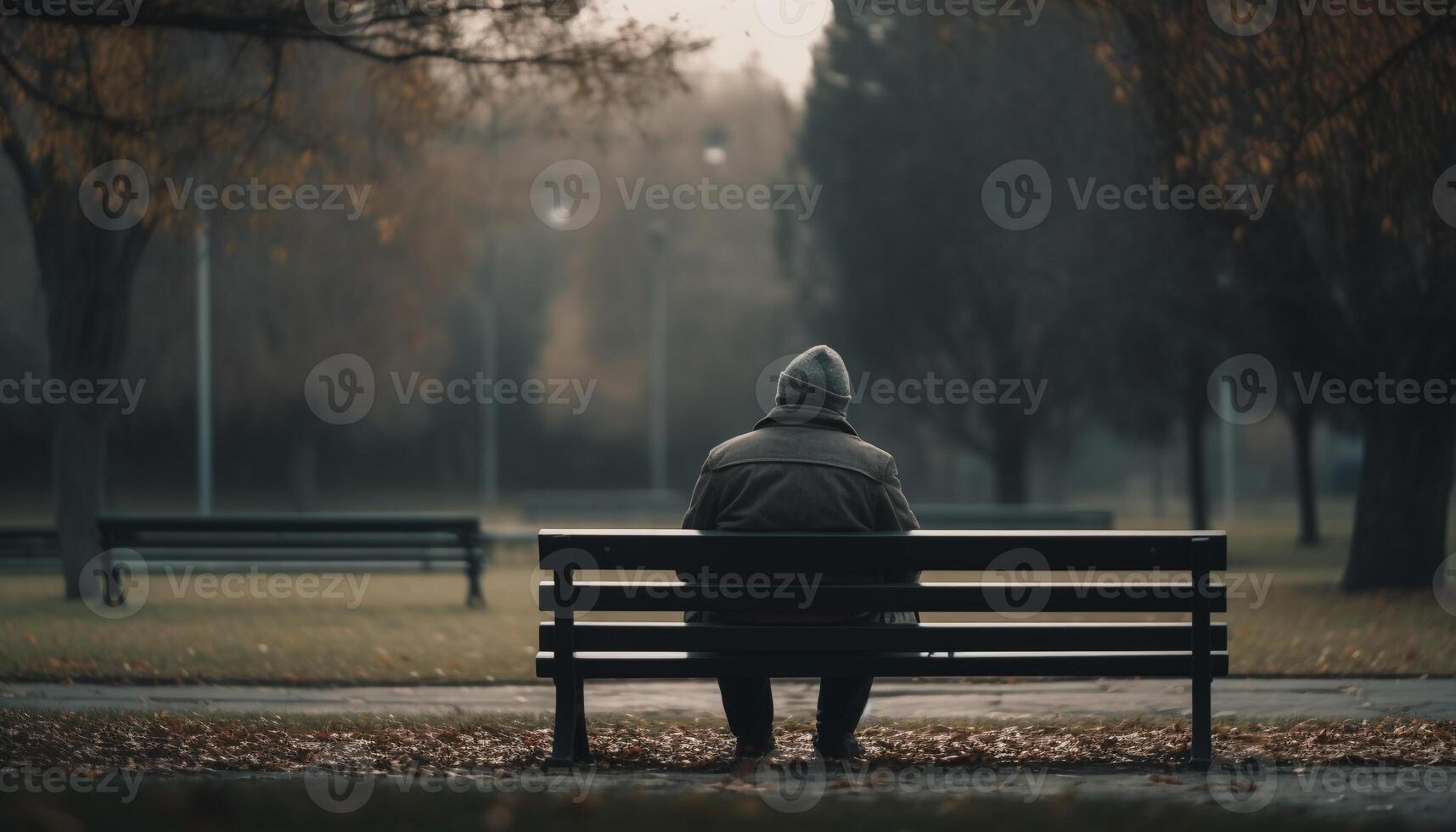 One man sitting on bench, enjoying tranquil autumn nature generated by AI photo