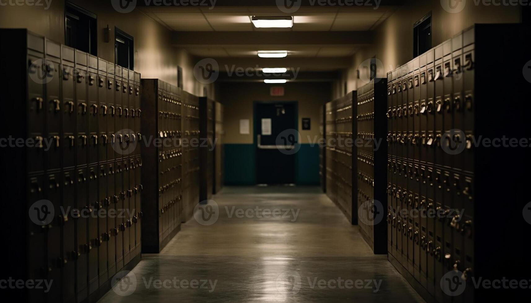 Inside the dim cellar, rows of shelves vanish into darkness generated by AI photo