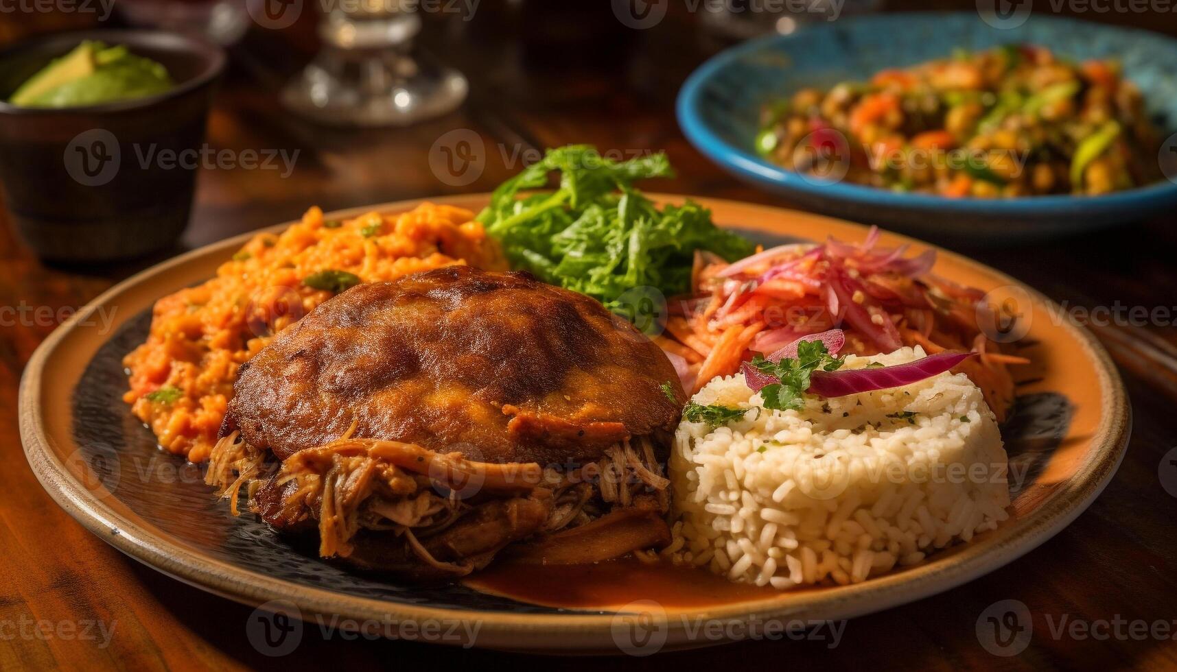 Gourmet meal of grilled steak, pork, and chicken with rice generated by AI photo