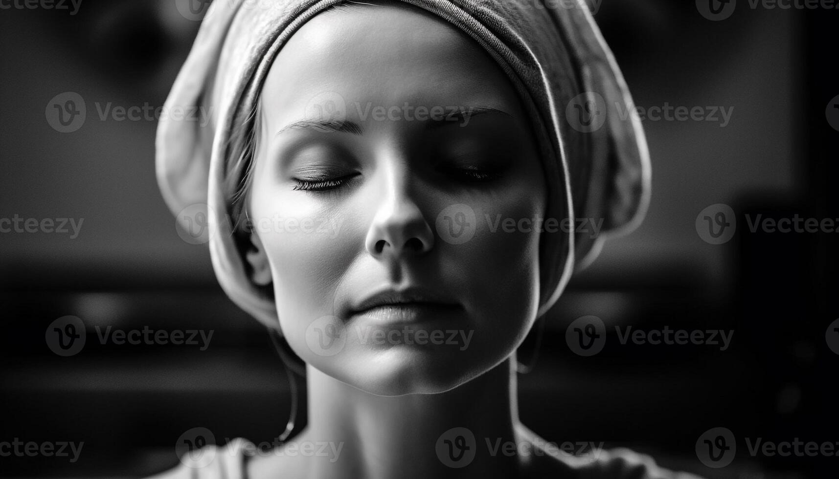 One young adult woman, indoors, close up, beauty, black and white generated by AI photo