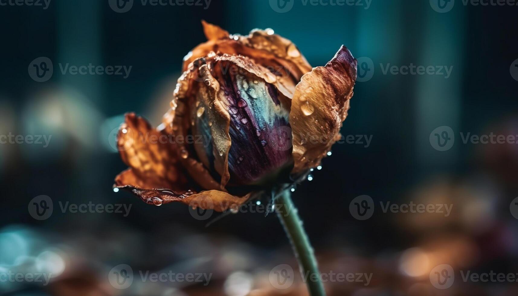 Single flower in soft focus, wet with dew at night generated by AI photo