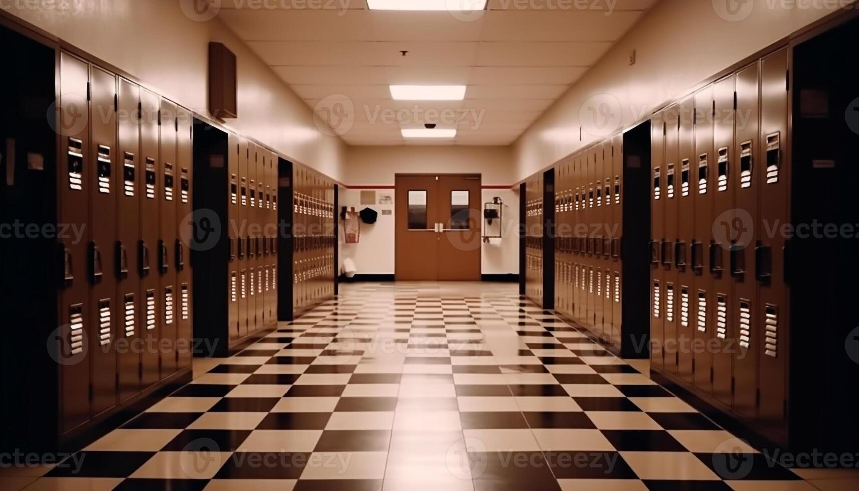 Locker lined corridor leads to modern gym in futuristic high school generated by AI photo