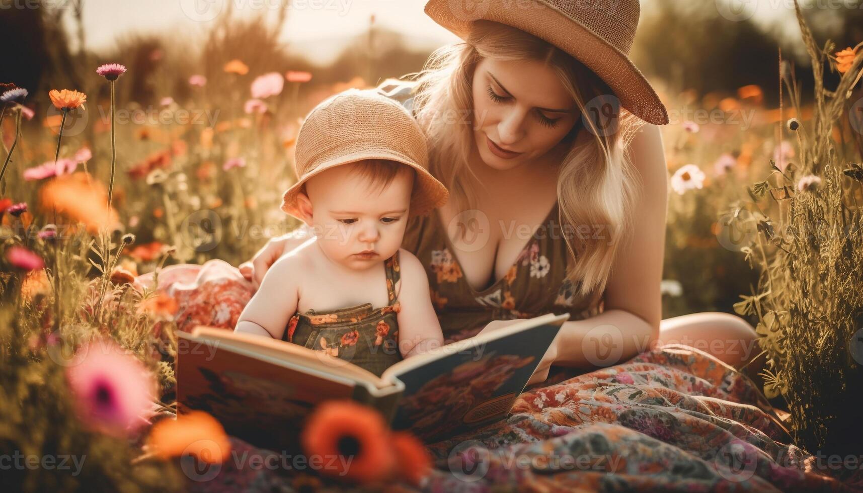 Caucasian family reading book outdoors, smiling in nature beauty generated by AI photo