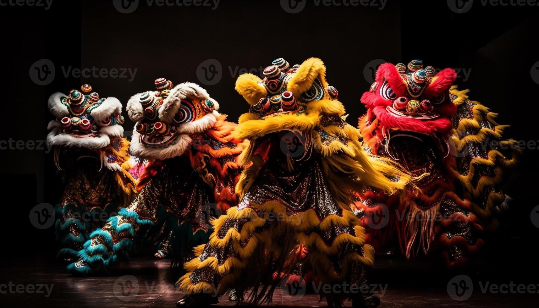 Multi colored dragon costume dances in traditional Chinese festival celebration generated by AI photo
