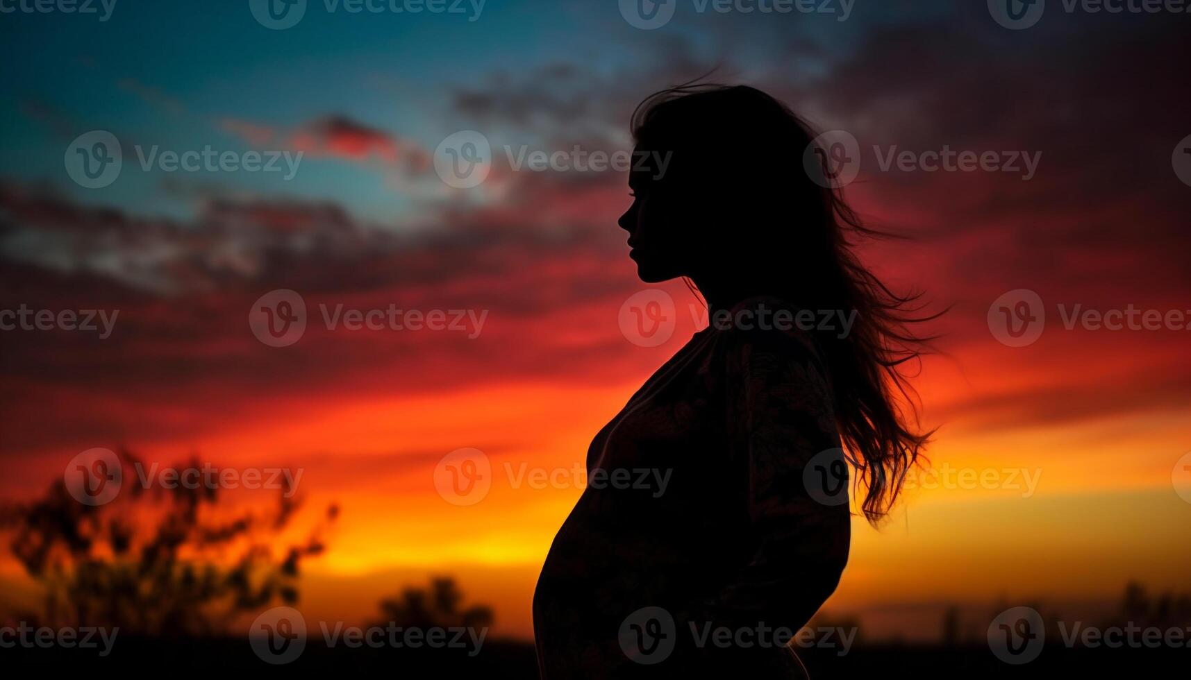 One woman standing outdoors, back lit by sunset silhouette generated by AI photo