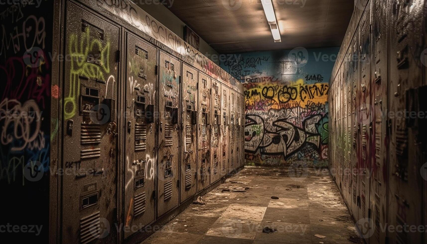 Abandoned warehouse, rusty metal, graffiti a spooky city life generated by AI photo