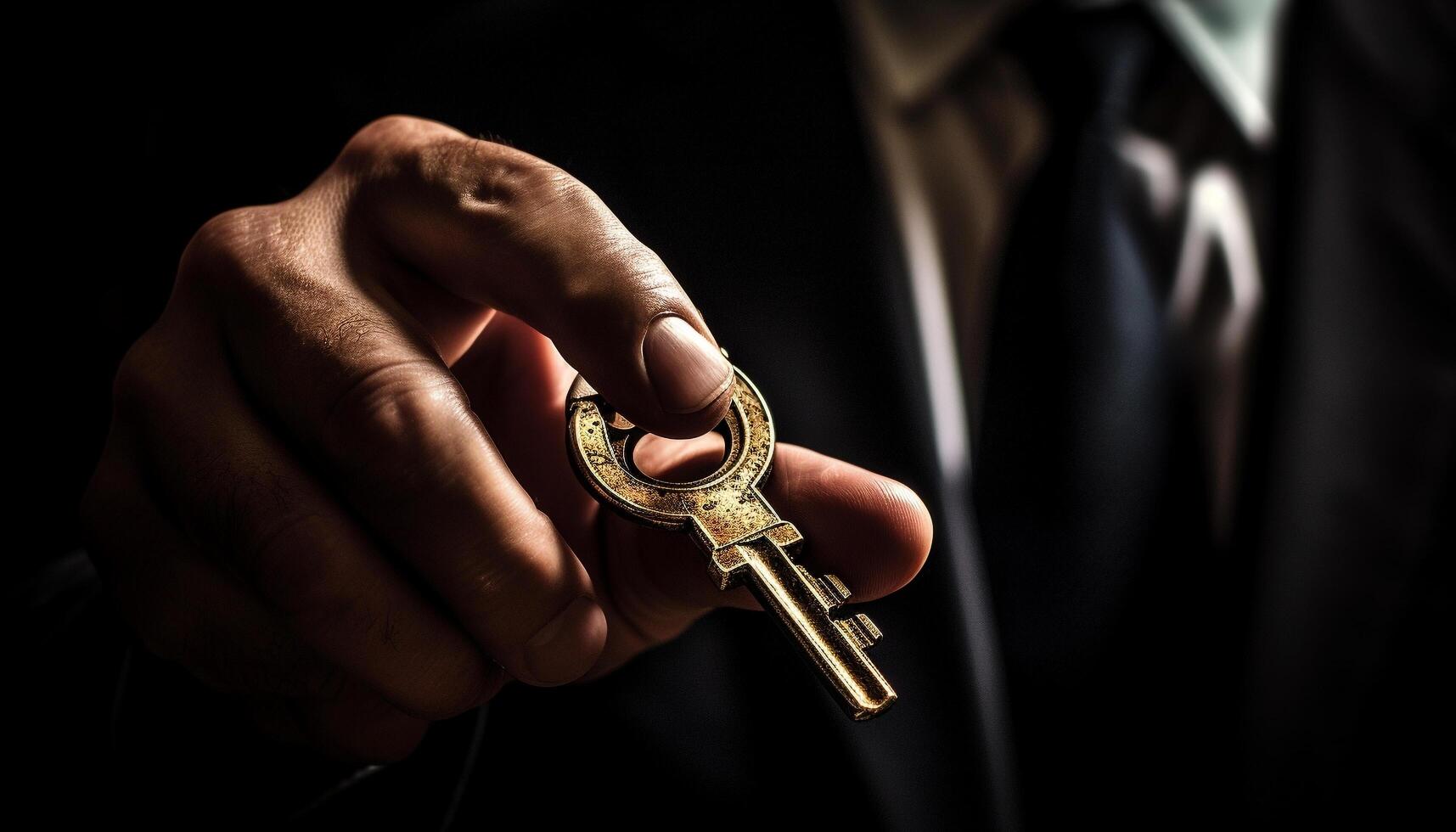 Caucasian businessman holding metal house key, unlocking success and security generated by AI photo