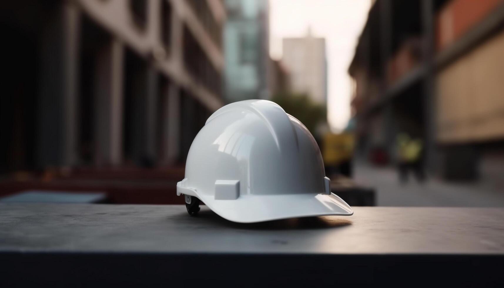 Hardhat wearing construction worker designs modern building in cityscape background generated by AI photo