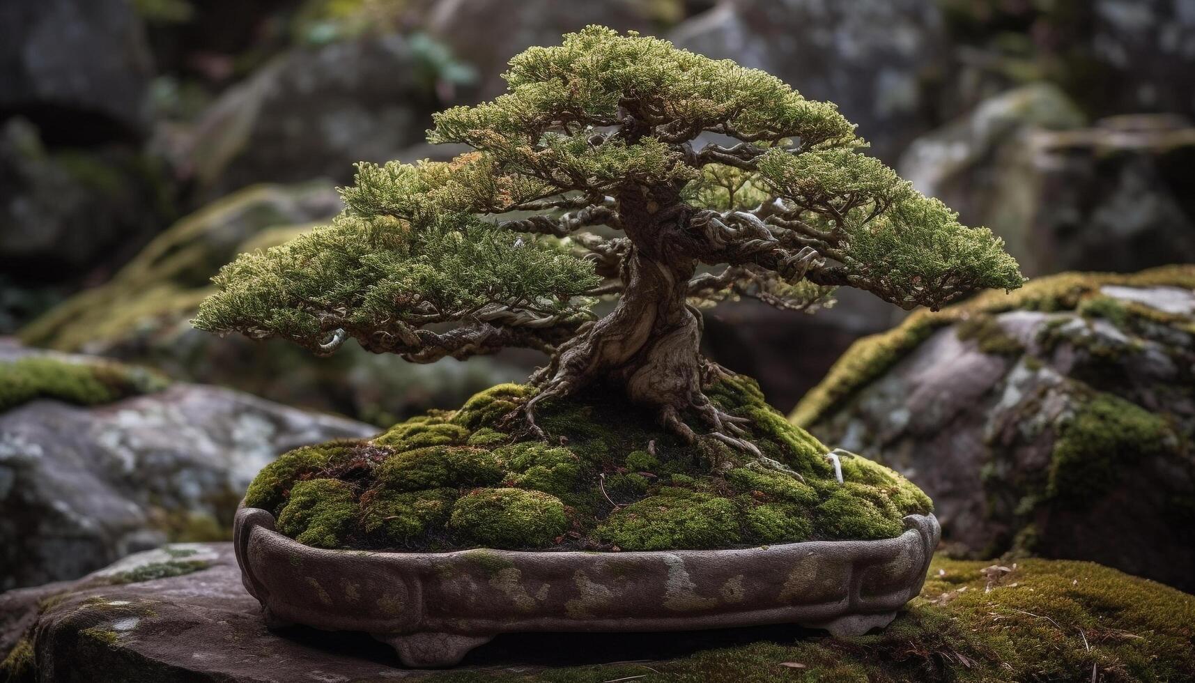 Fresh green growth on old pine tree in tranquil forest generated by AI photo