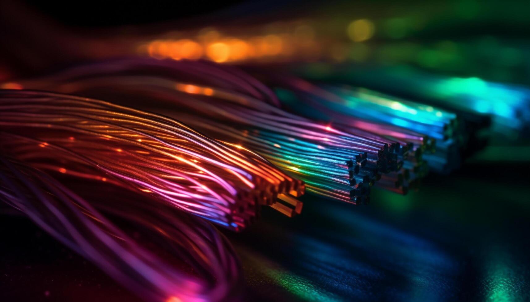 Glowing computer cables in vibrant colors connect futuristic technology equipment generated by AI photo