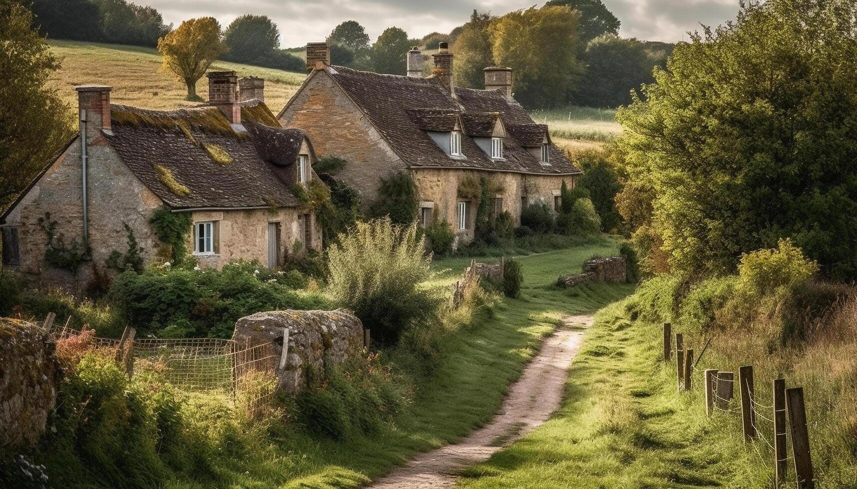 Rustic farmhouse in tranquil meadow, surrounded by nature beauty generated by AI photo