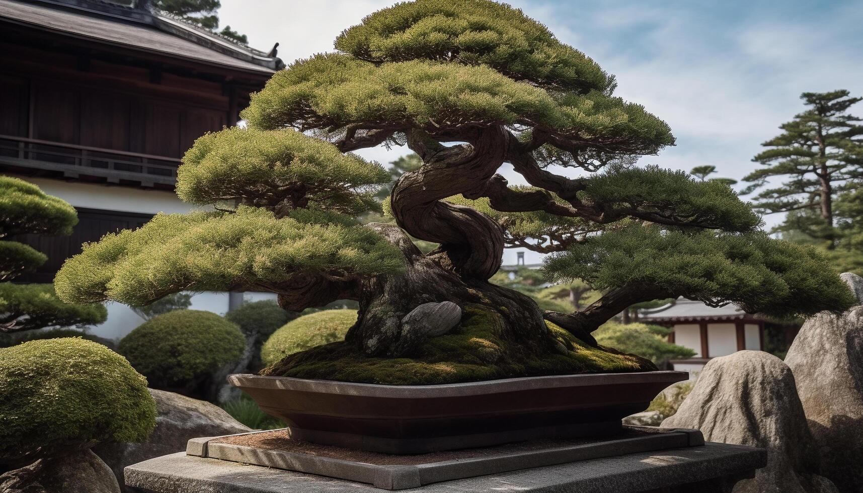 Tranquil scene of ornate lantern in formal Japanese garden generated by AI photo