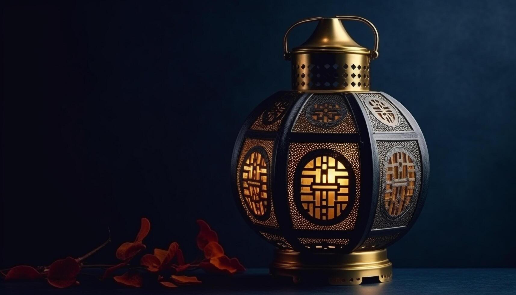 Antique lantern illuminated in dark, symbol of Ramadan tradition generated by AI photo