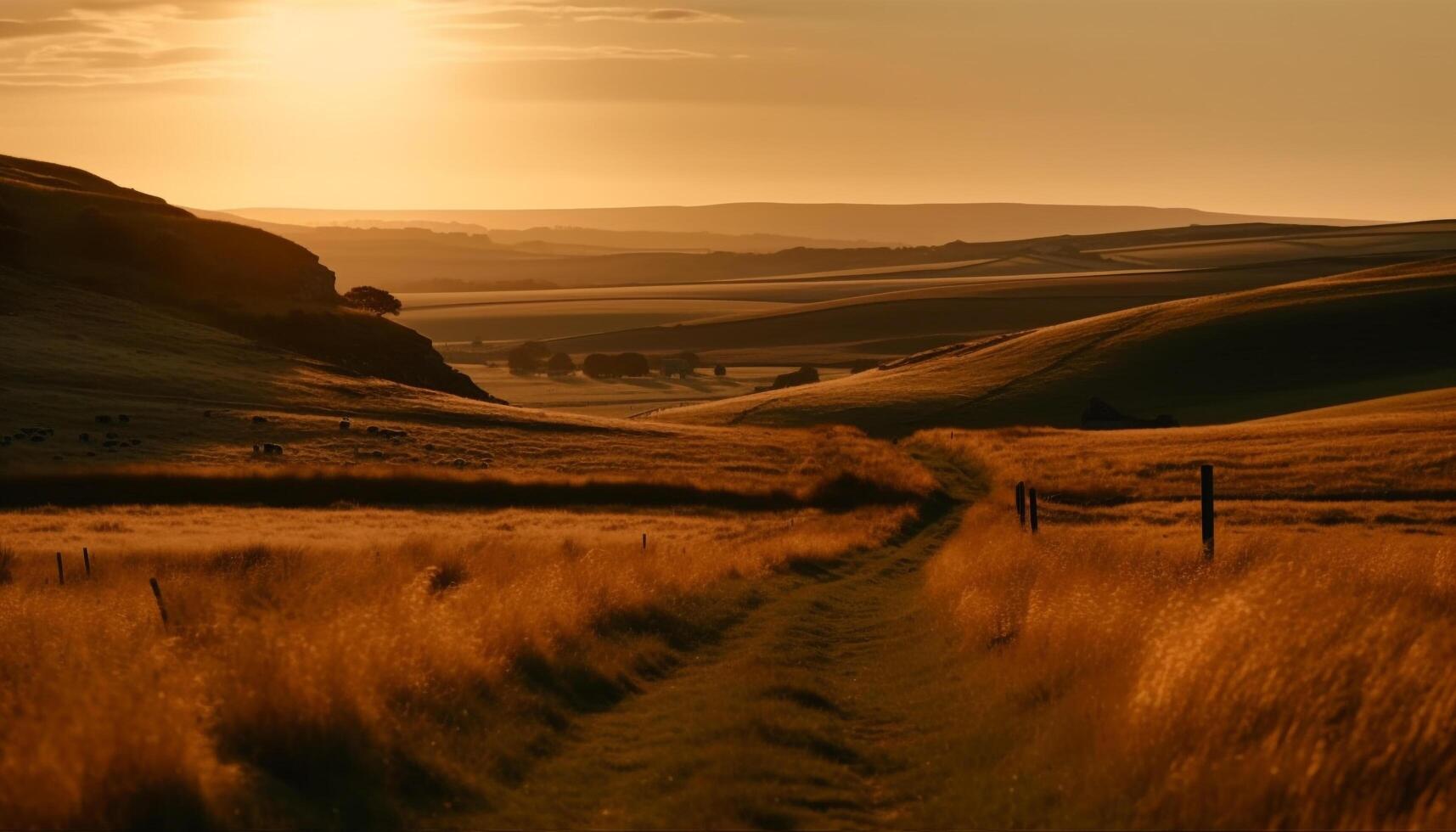 Tranquil sunset over rolling landscape, an idyllic rural scene generated by AI photo