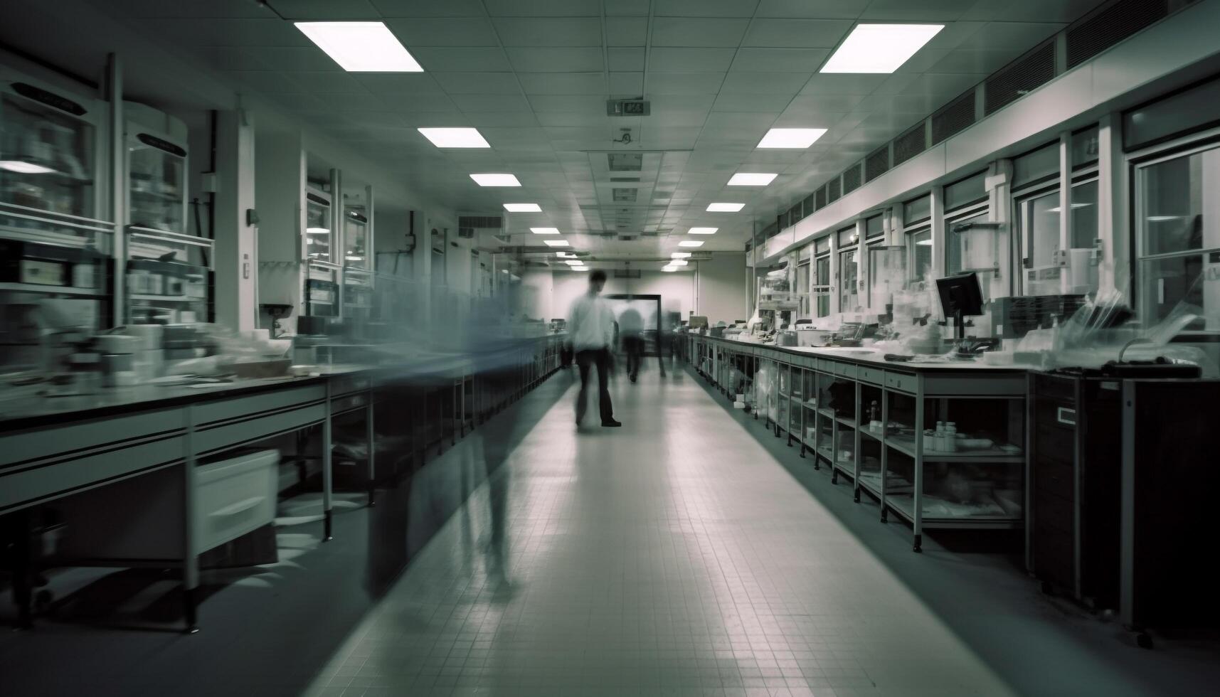 Men and women walking in a modern black and white corridor generated by AI photo