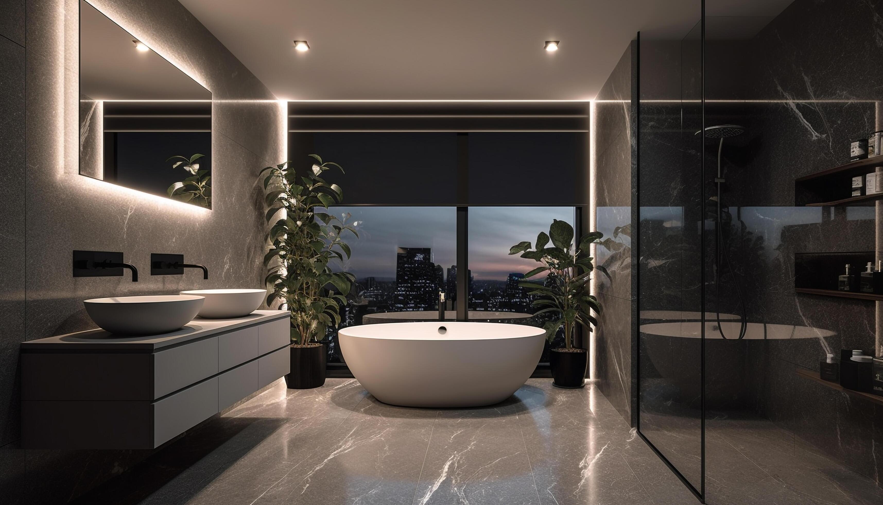 Luxury bathroom design with marble flooring, wide glass window, and