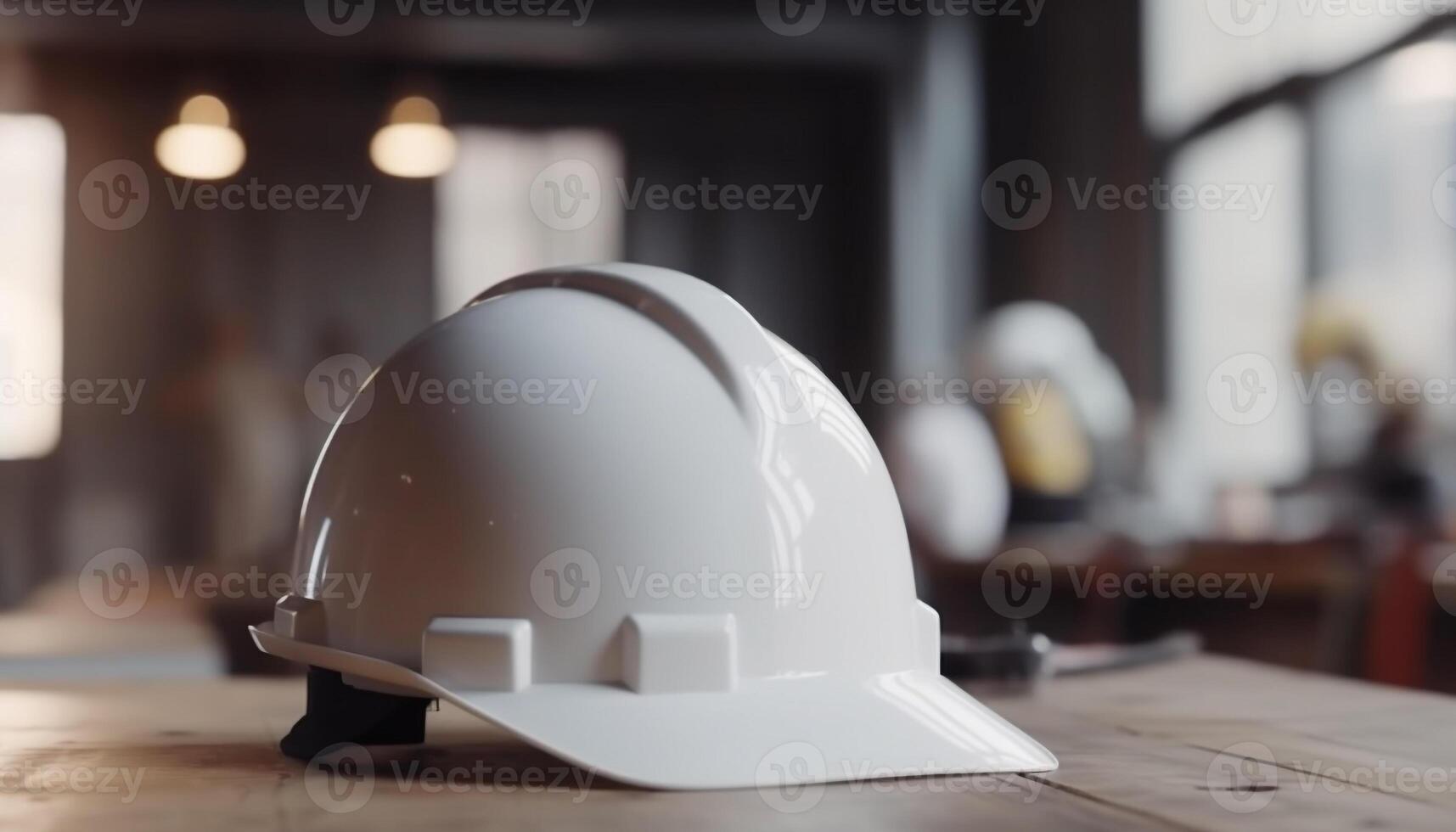 casco de seguridad protege construcción trabajador en moderno construcción sitio con Plano generado por ai foto
