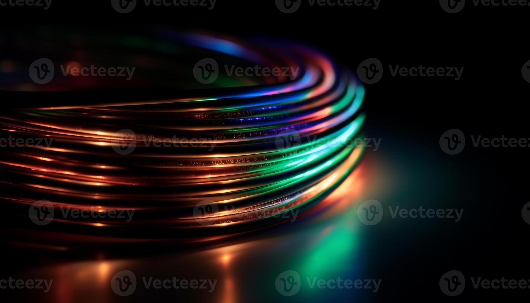 Vibrant copper spirals illuminate abstract data in defocused background generated by AI photo