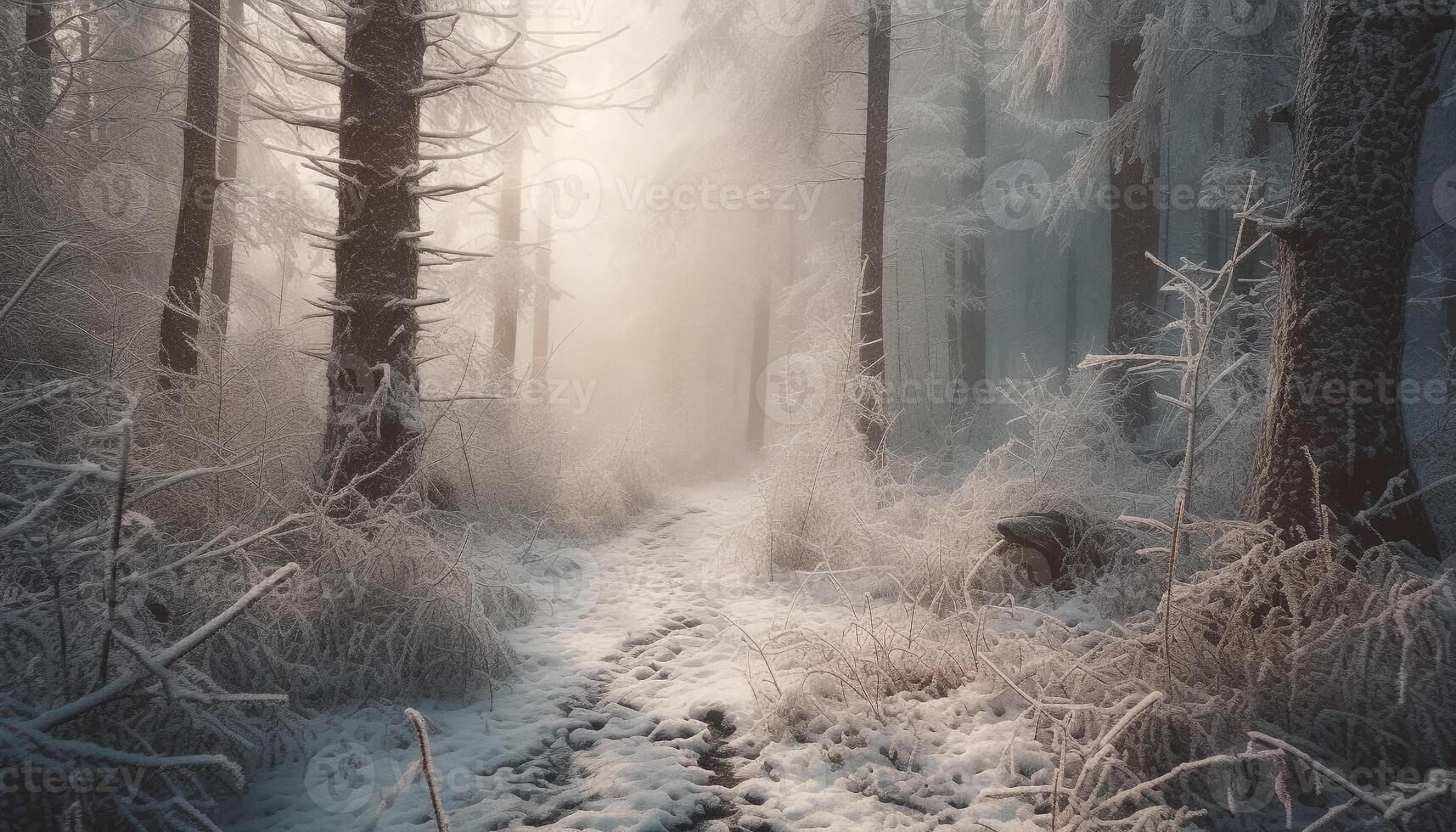 Tranquil scene of coniferous trees in winter wilderness area adventure generated by AI photo