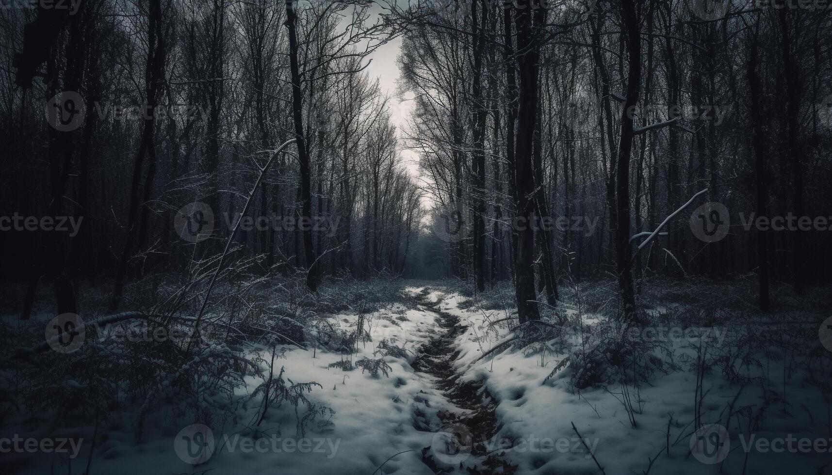 tranquilo escena de escalofriante bosque, misterio en el niebla generado por ai foto