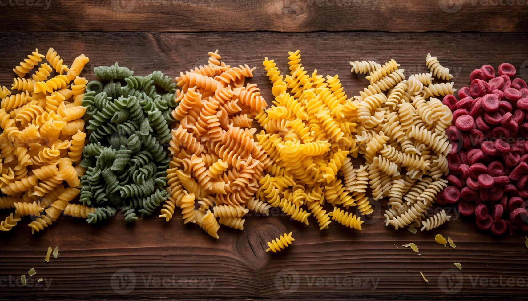 Healthy Italian meal Fusilli, macaroni, and penne on wooden table generated by AI photo