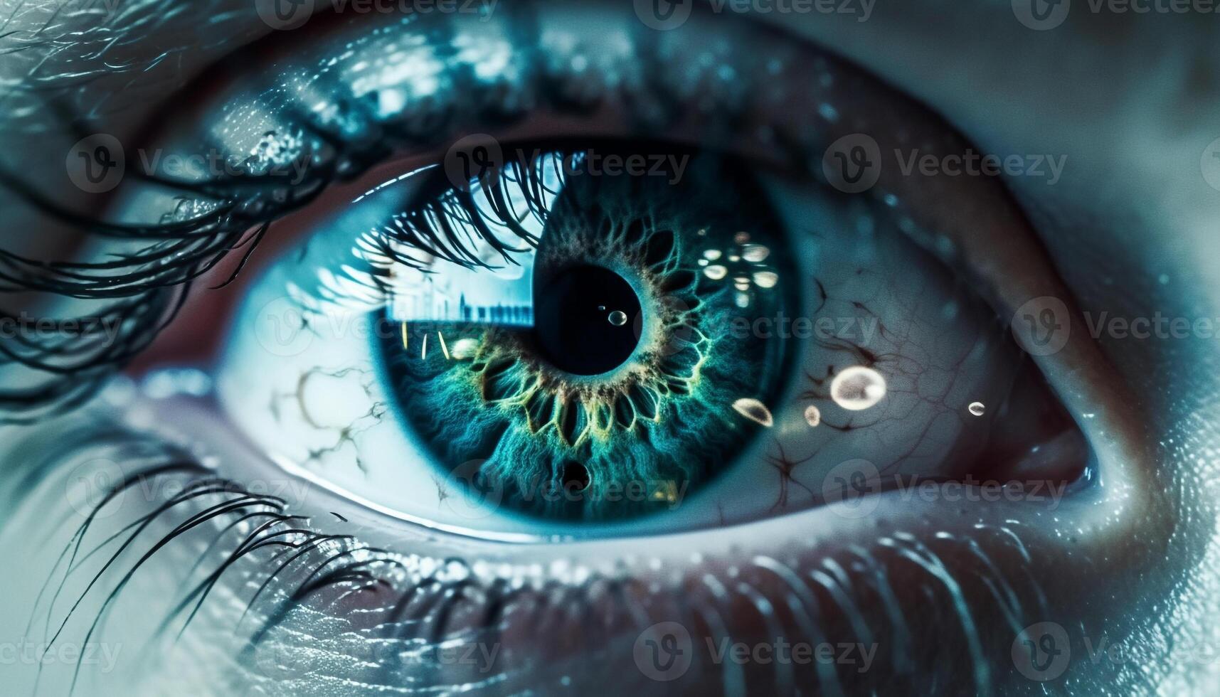 Blue eyed woman staring at camera with digitally generated iris generated by AI photo