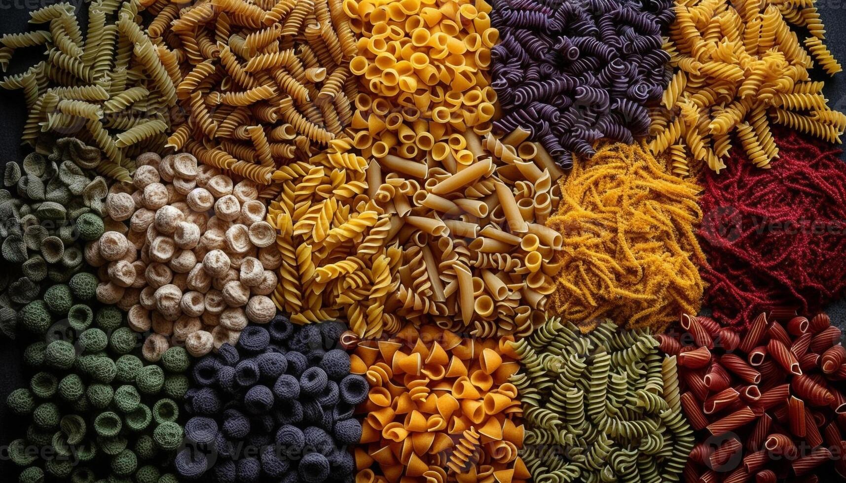 Healthy eating with a variety of Italian pasta shapes and colors generated by AI photo