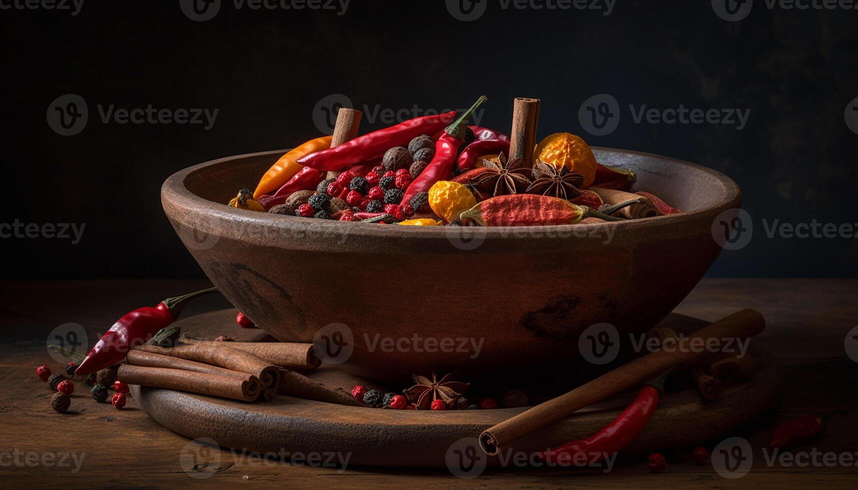 Rustic wood table holds gourmet dessert with chili pepper spice generated by AI photo