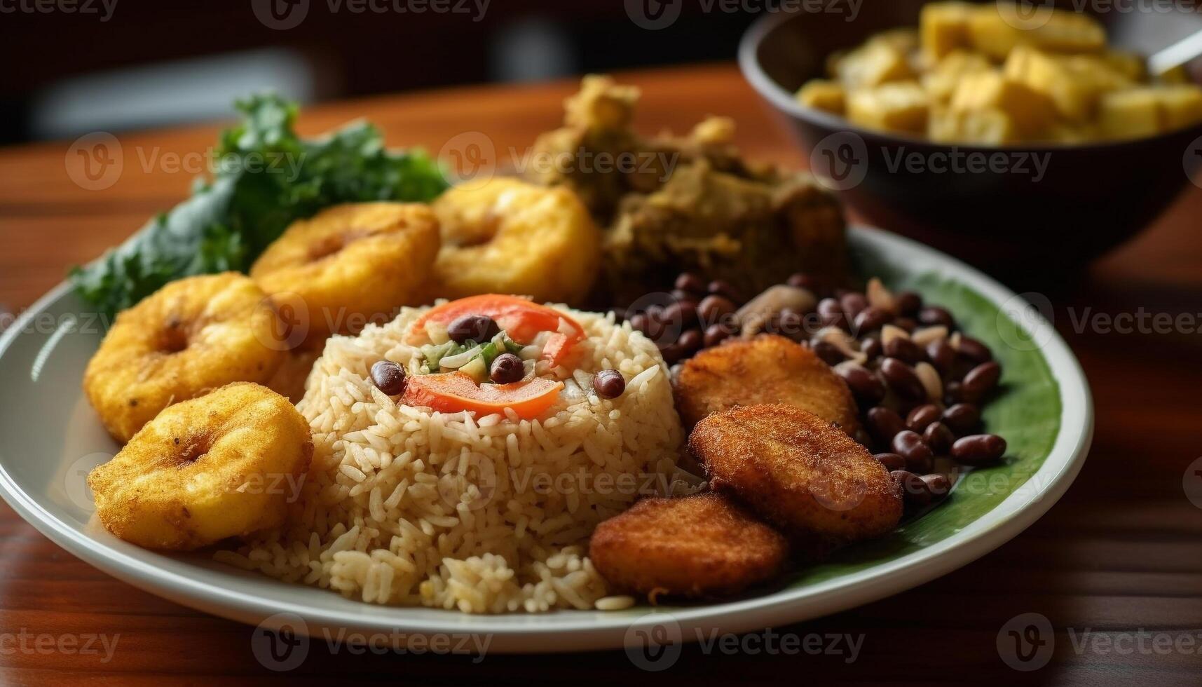 Gourmet meal on plate fried rice, meat, and vegetables generated by AI photo