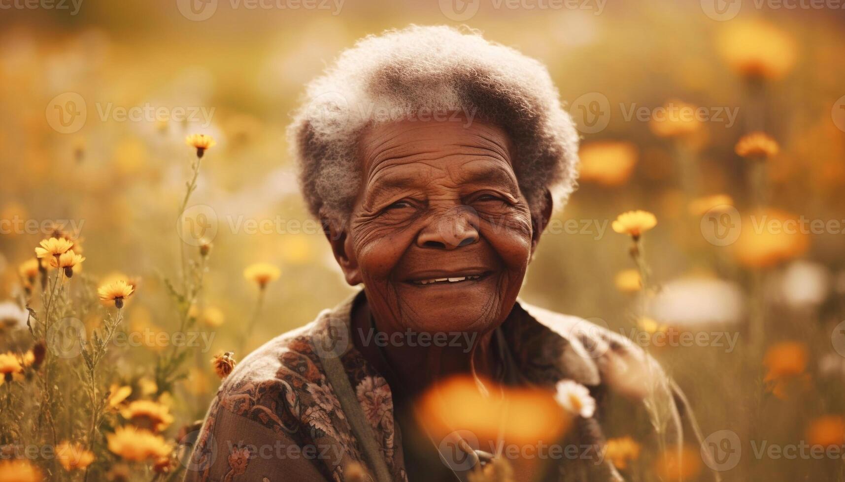 One senior woman smiling, enjoying nature beauty in rural meadow generated by AI photo