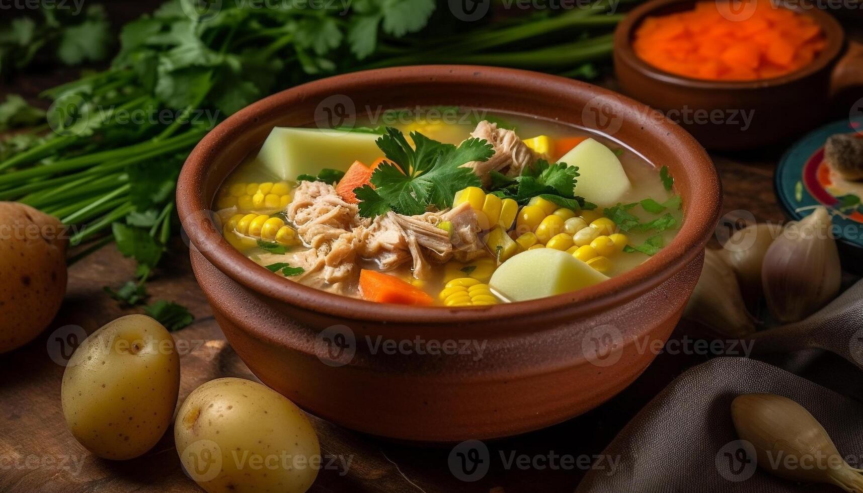 Fresh vegetarian soup with organic ingredients served in rustic crockery generated by AI photo