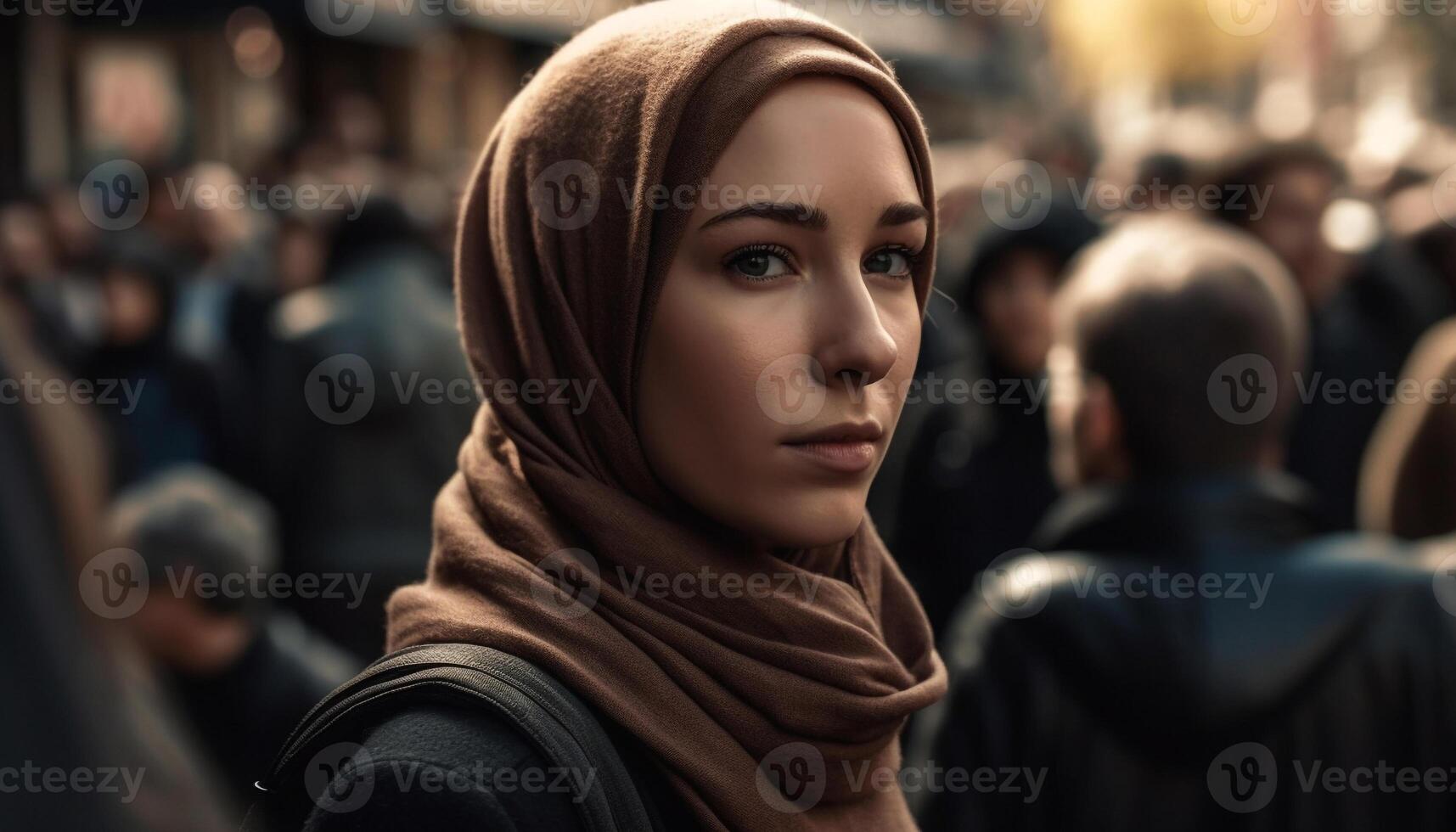 Young adults and men in traditional clothing walking in Arabian city generated by AI photo