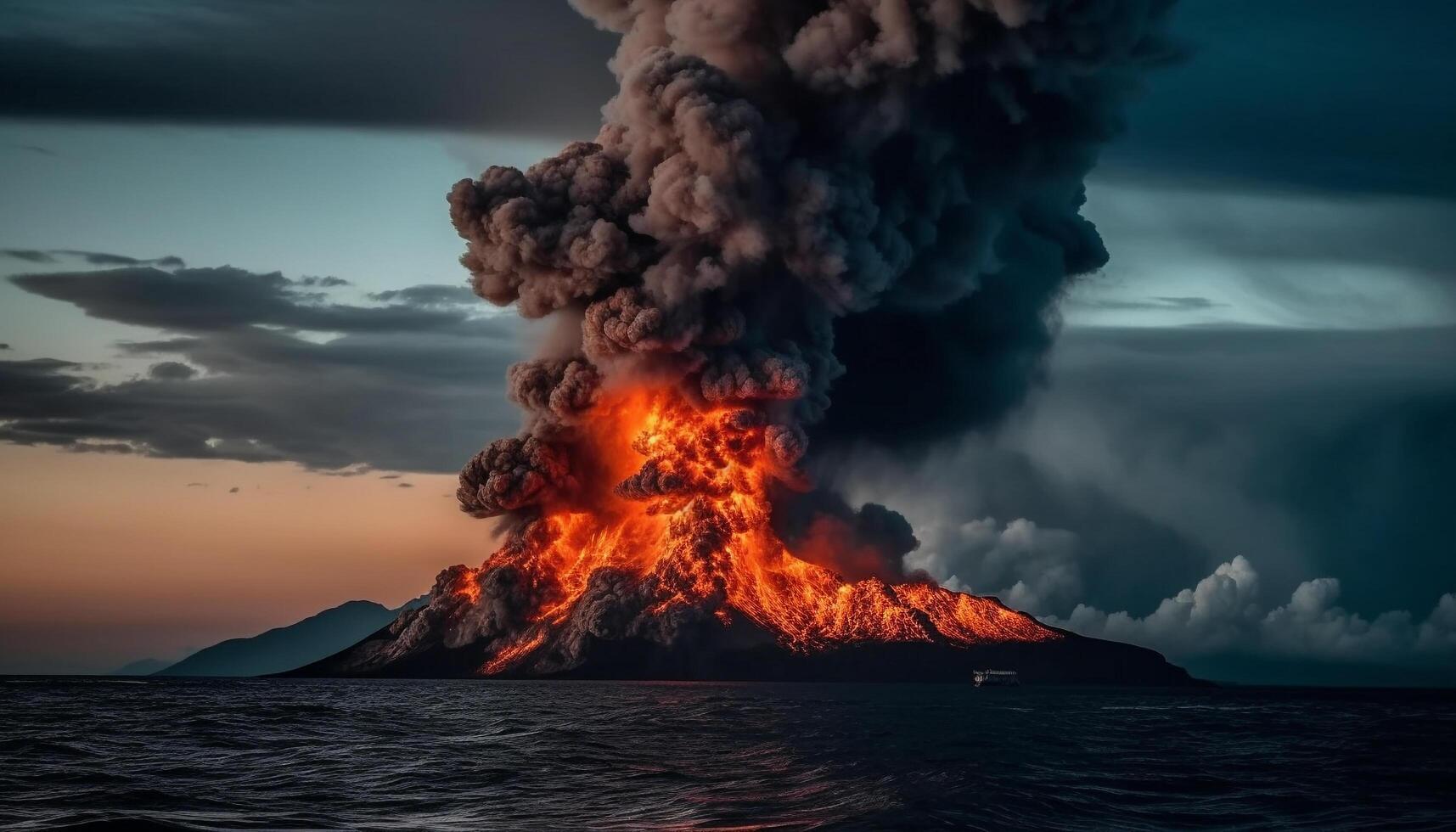 Burning mountain inferno, smoke and flames light up the sky generated by AI photo