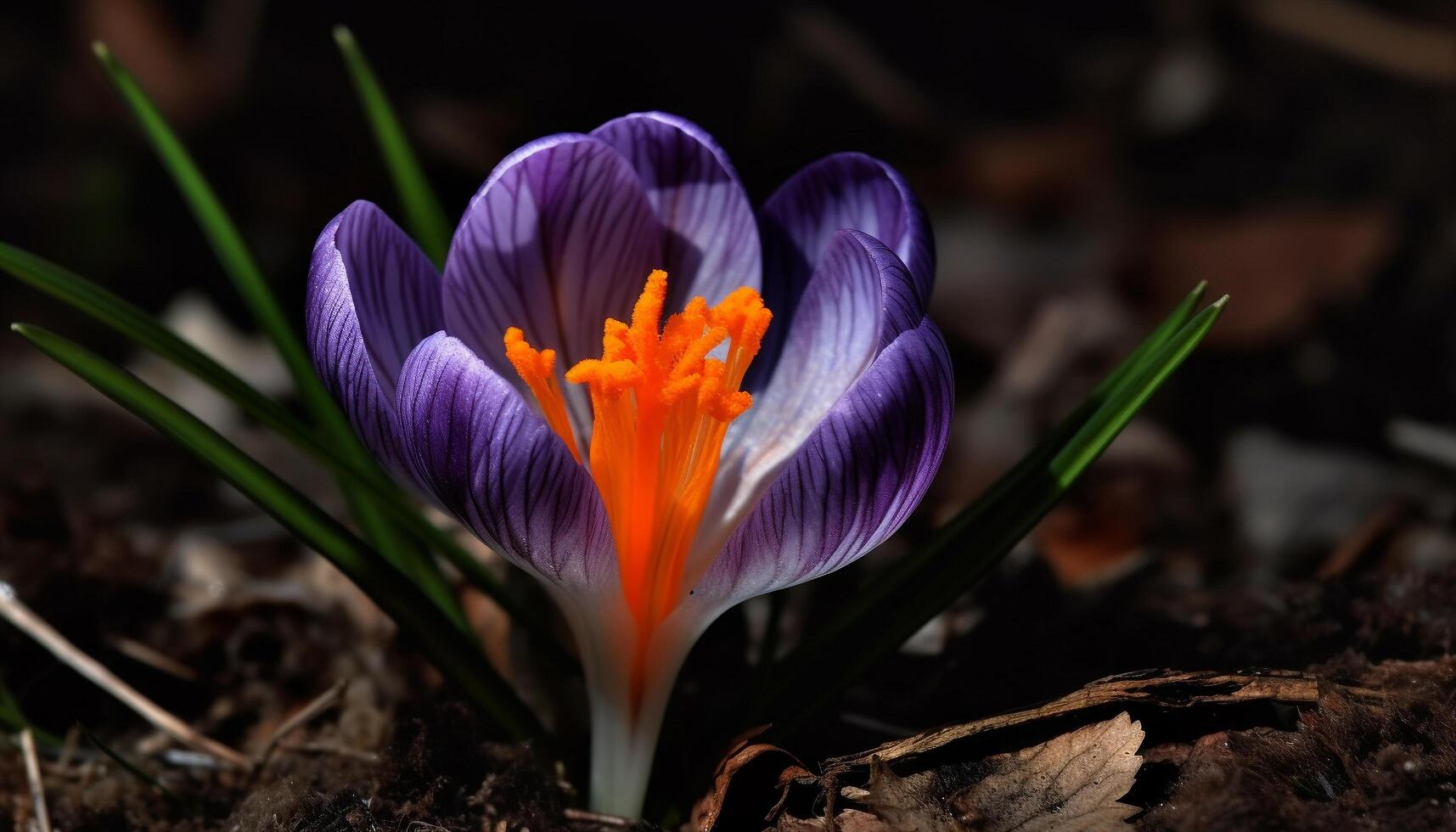 Vibrant crocus blossom in natural meadow, a symbol of springtime generated by AI photo