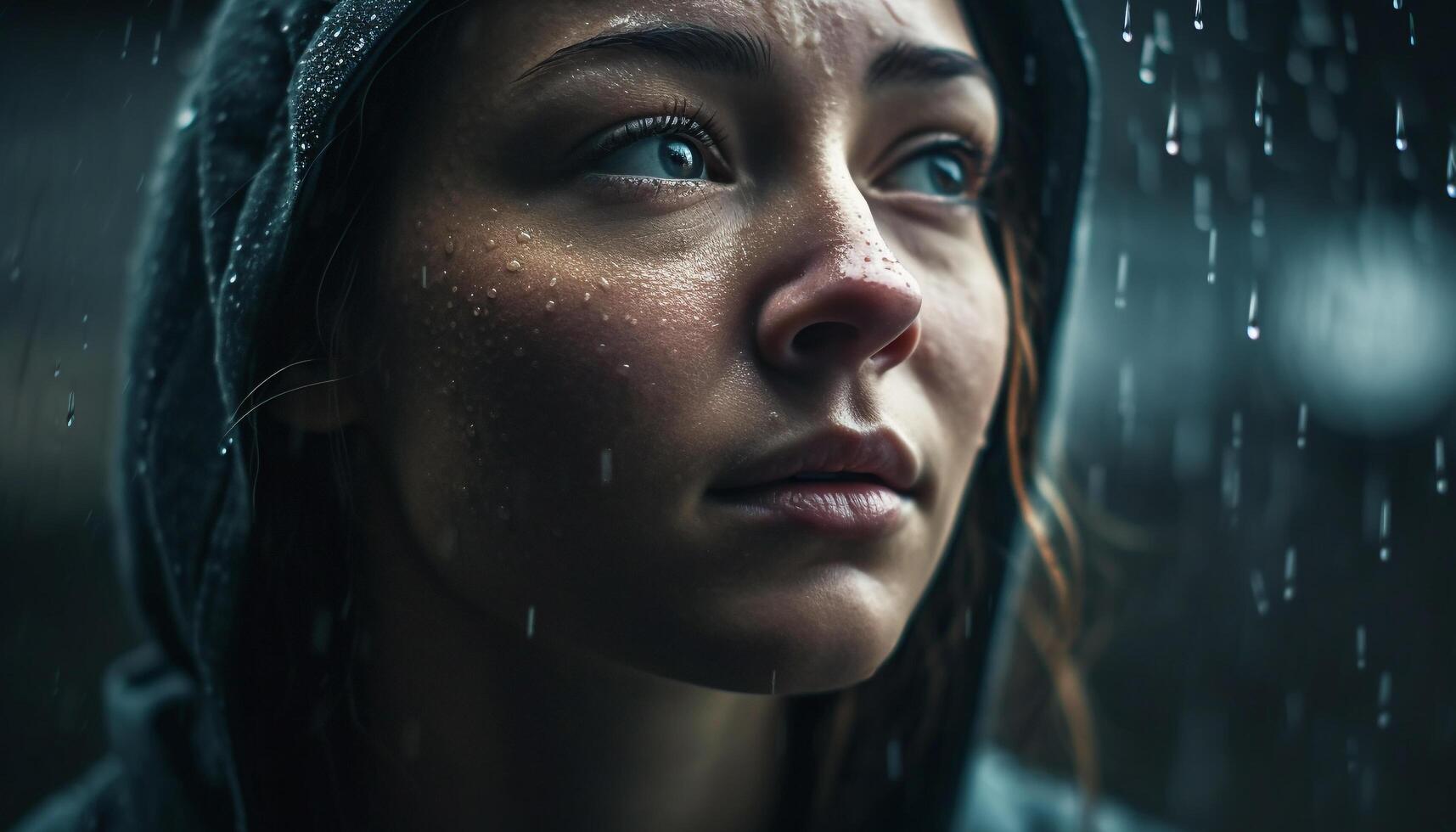 Young adult woman, wet from rain, looking away in sadness generated by AI photo