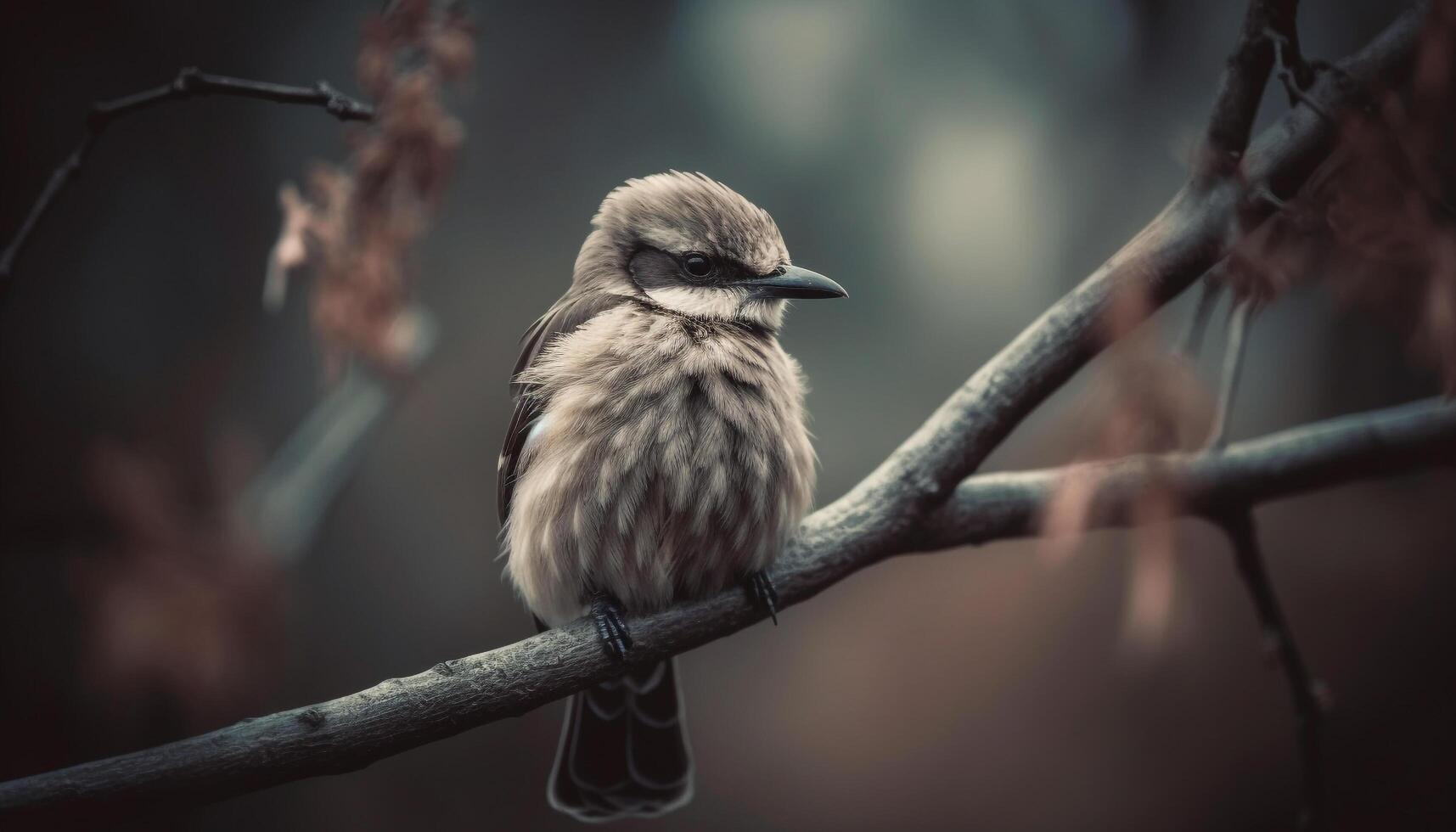 One bird perching on branch, close up, black and white generated by AI photo