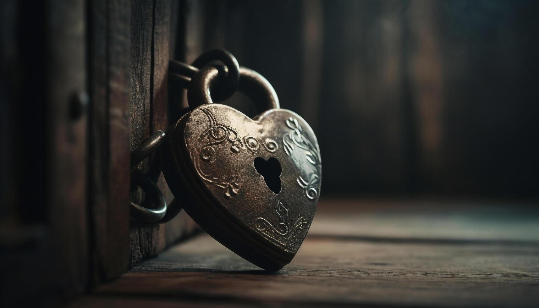 Rusty padlock on old wooden door symbolizes love security generated by AI photo