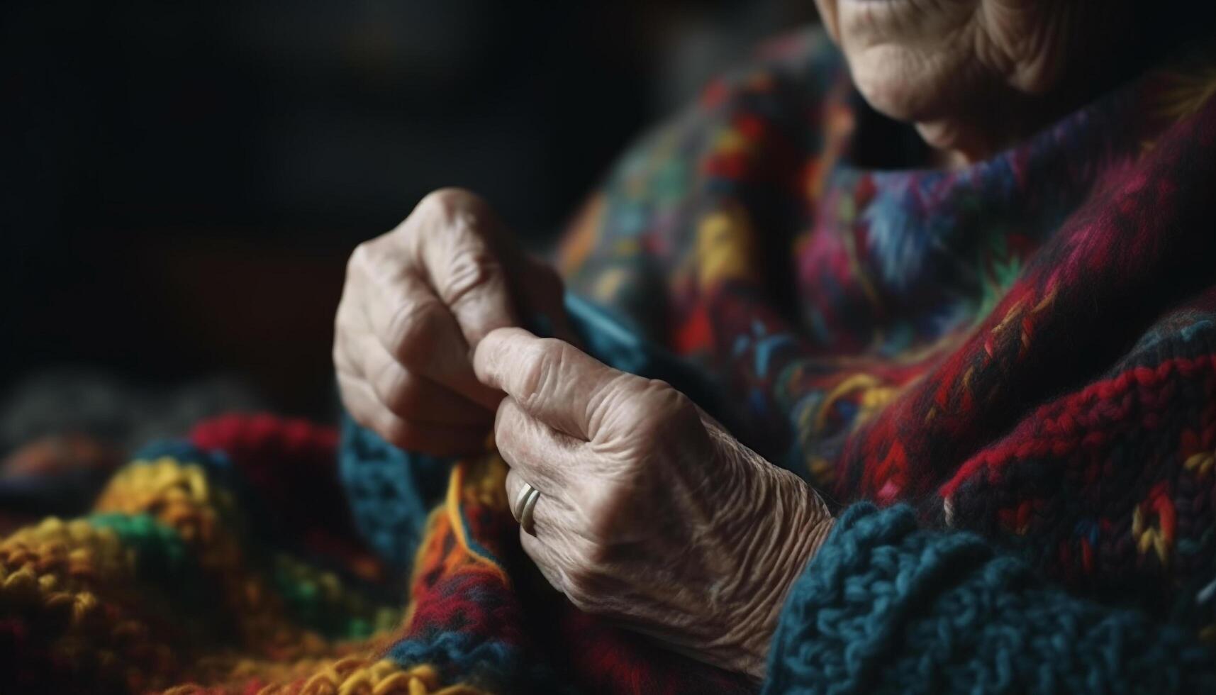 Wrinkled hand weaves wool, active senior homemade art and craft generated by AI photo