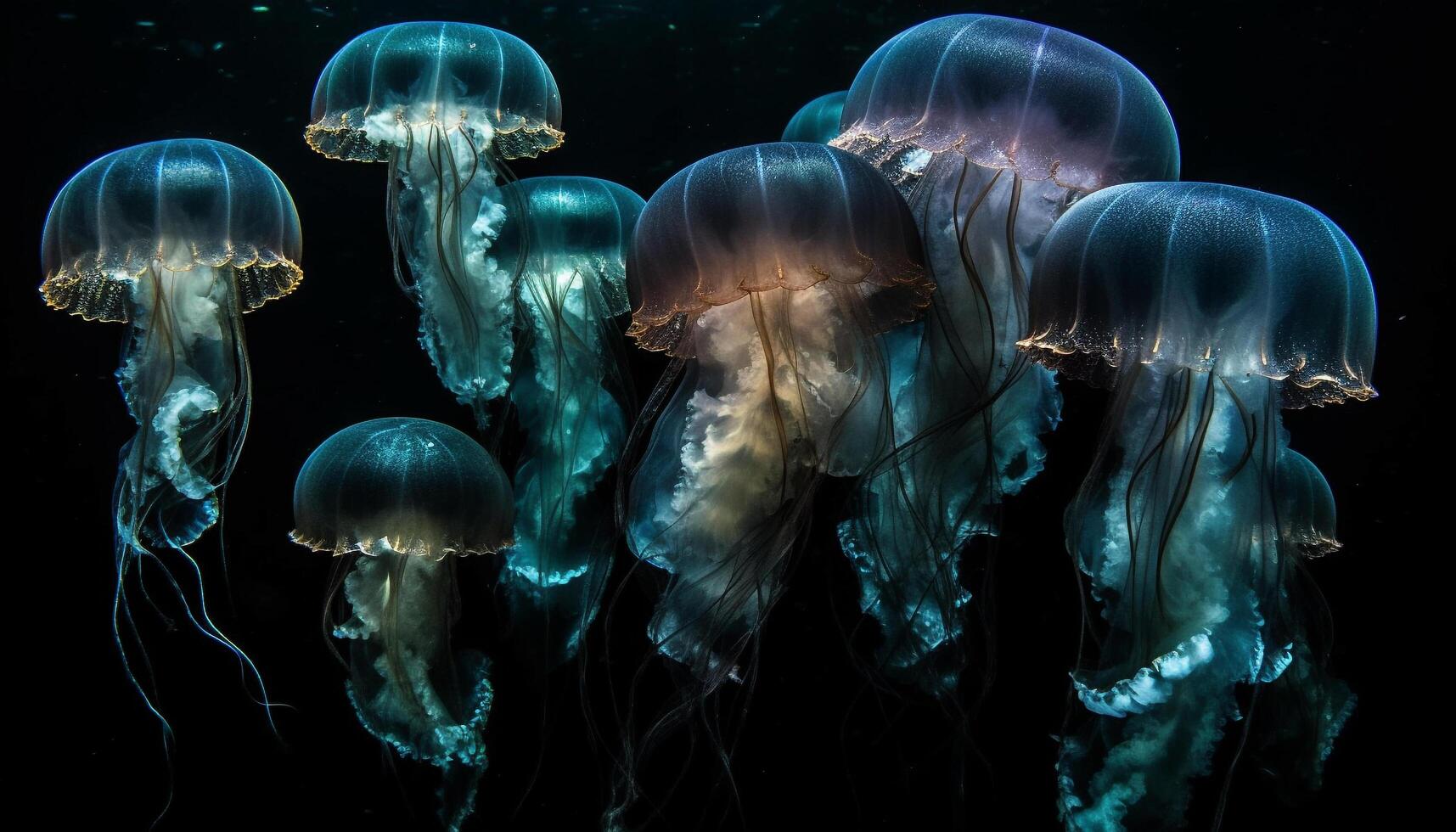 Glowing moon jellyfish in deep sea, a natural pattern beauty generated by AI photo