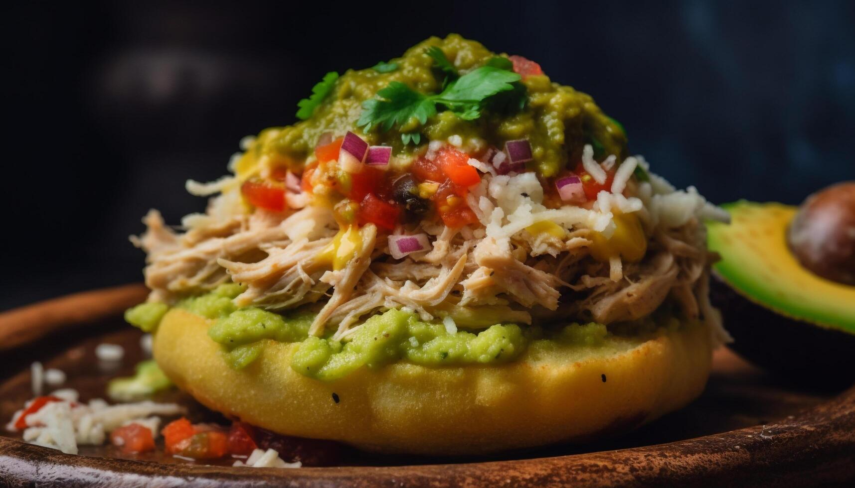 Grilled beef taco with guacamole, fresh tomato, and cilantro generated by AI photo