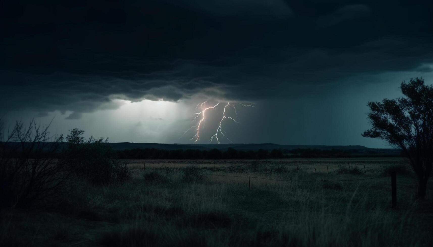 Electricity crackles through ominous storm cloud over rural landscape silhouette generated by AI photo