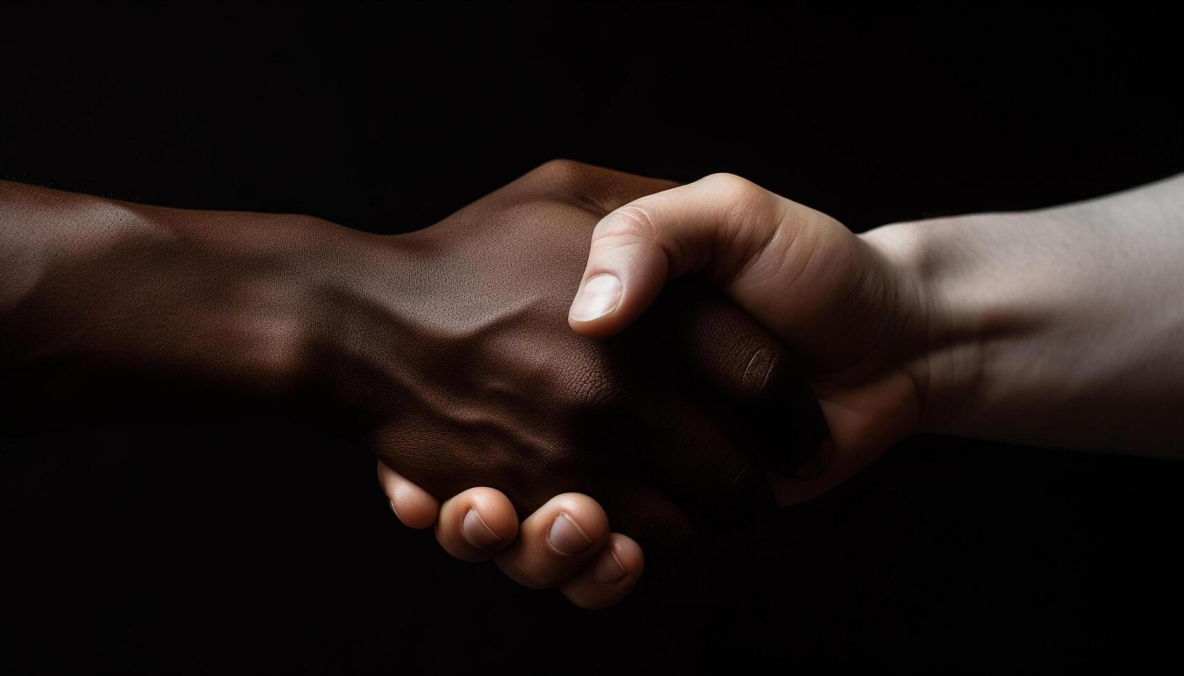 Business people shaking hands in unity on black background success generated by AI photo