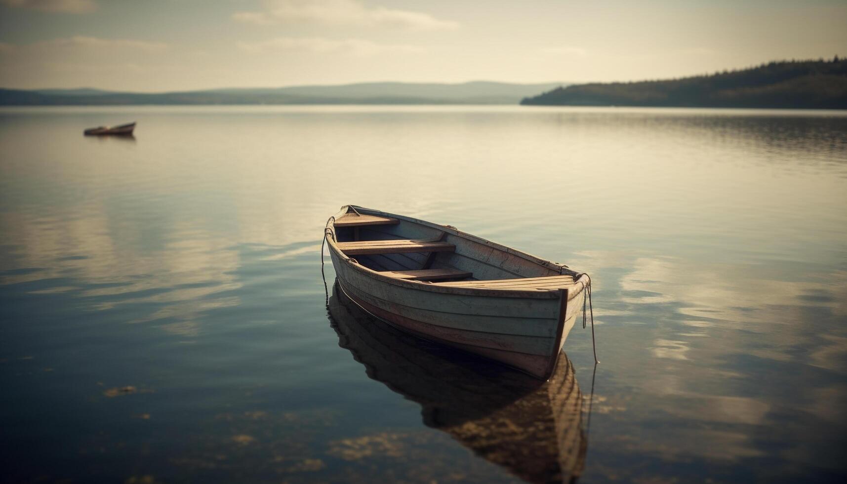 Tranquil sunset on abandoned rowboat, reflecting idyllic rural landscape generated by AI photo