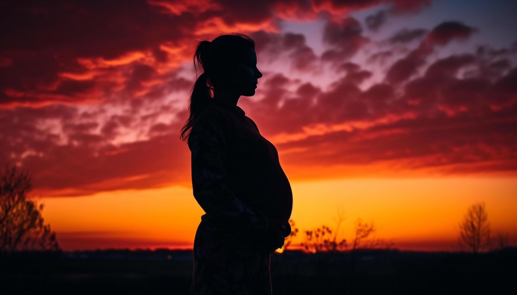 Silhouette of one person standing in dramatic sunset landscape generated by AI photo