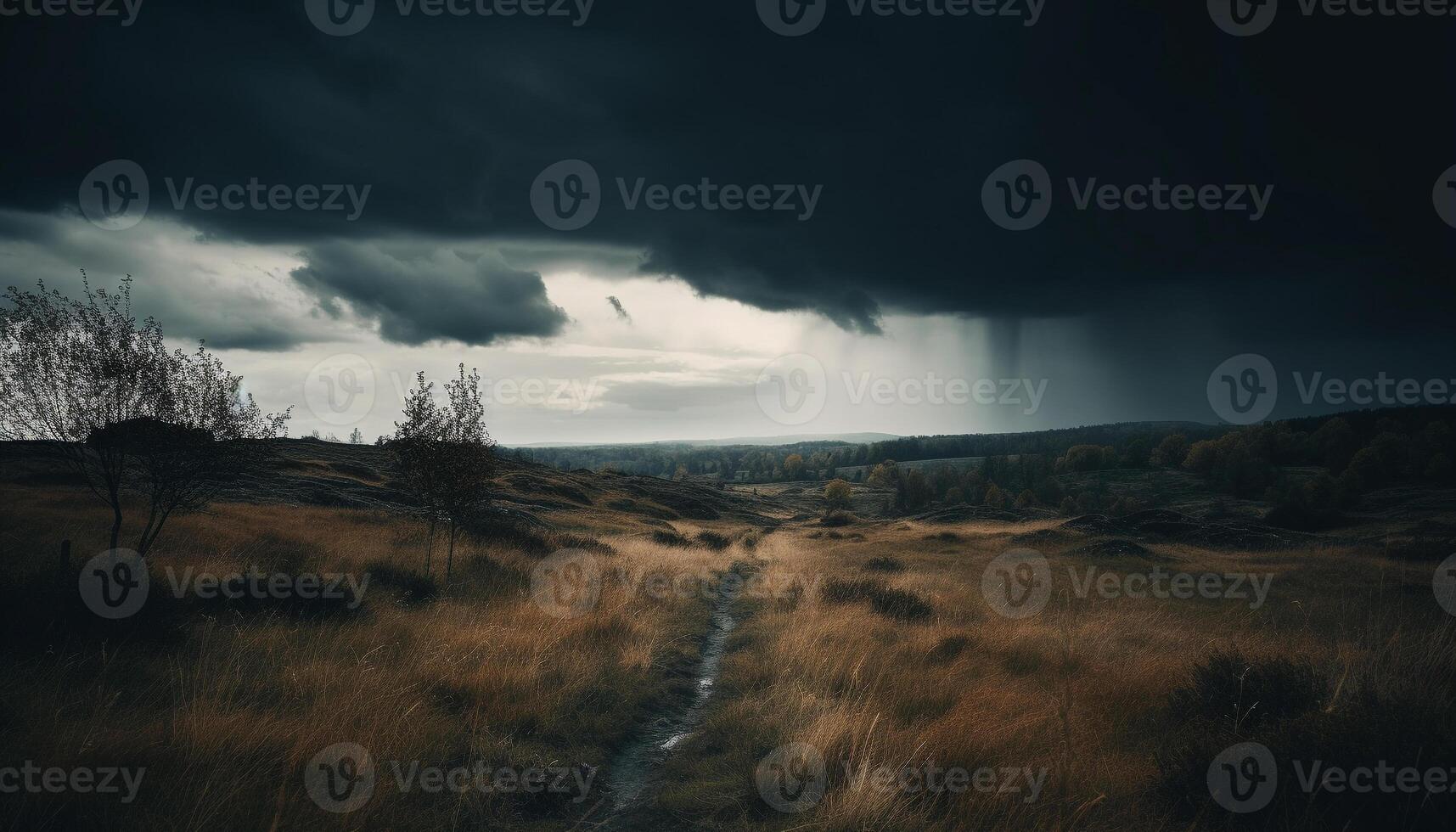 Tranquil scene of green meadow at dawn in wilderness area generated by AI photo