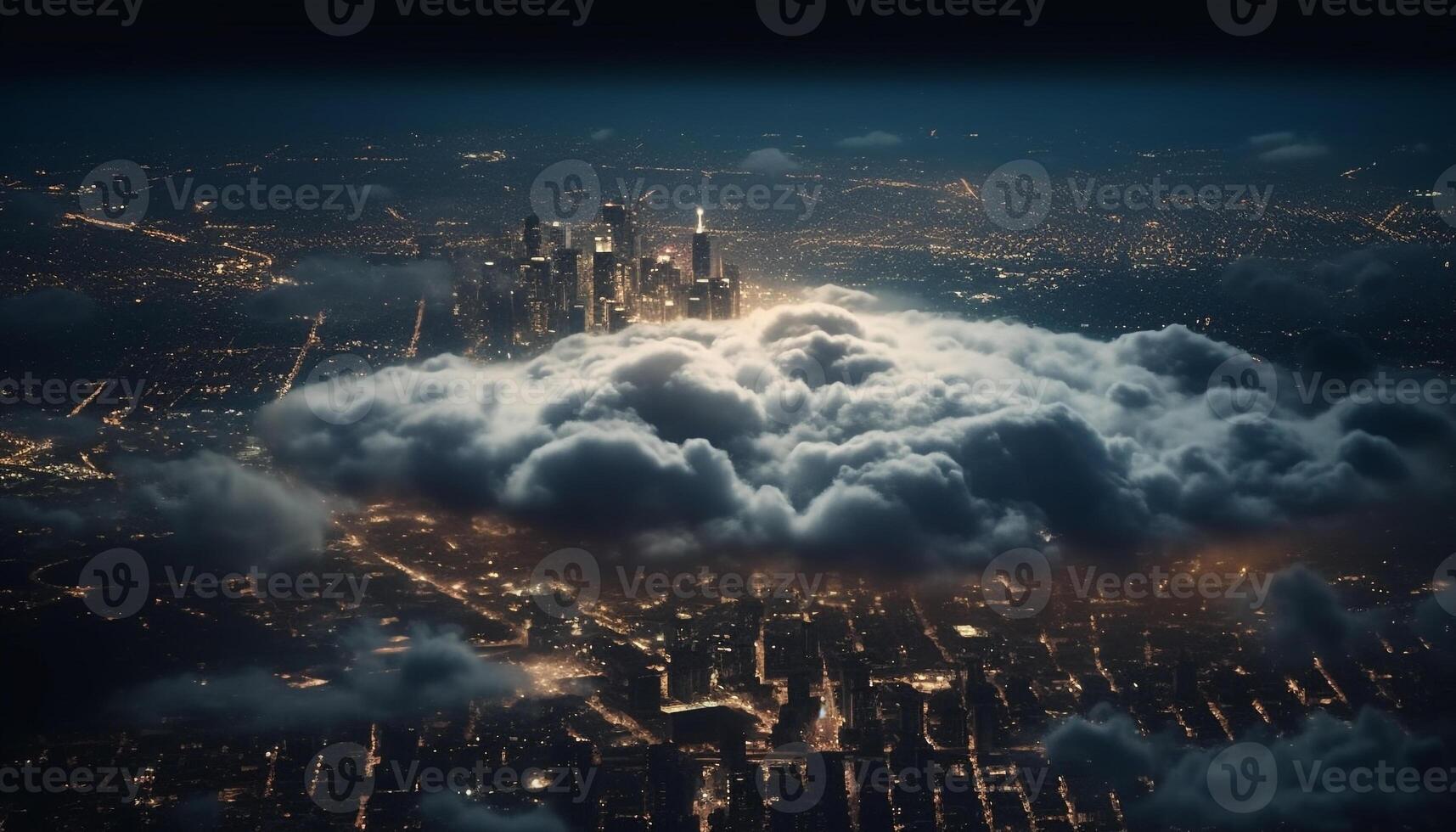 Futuristic skyscraper illuminates city skyline in digitally generated image generated by AI photo