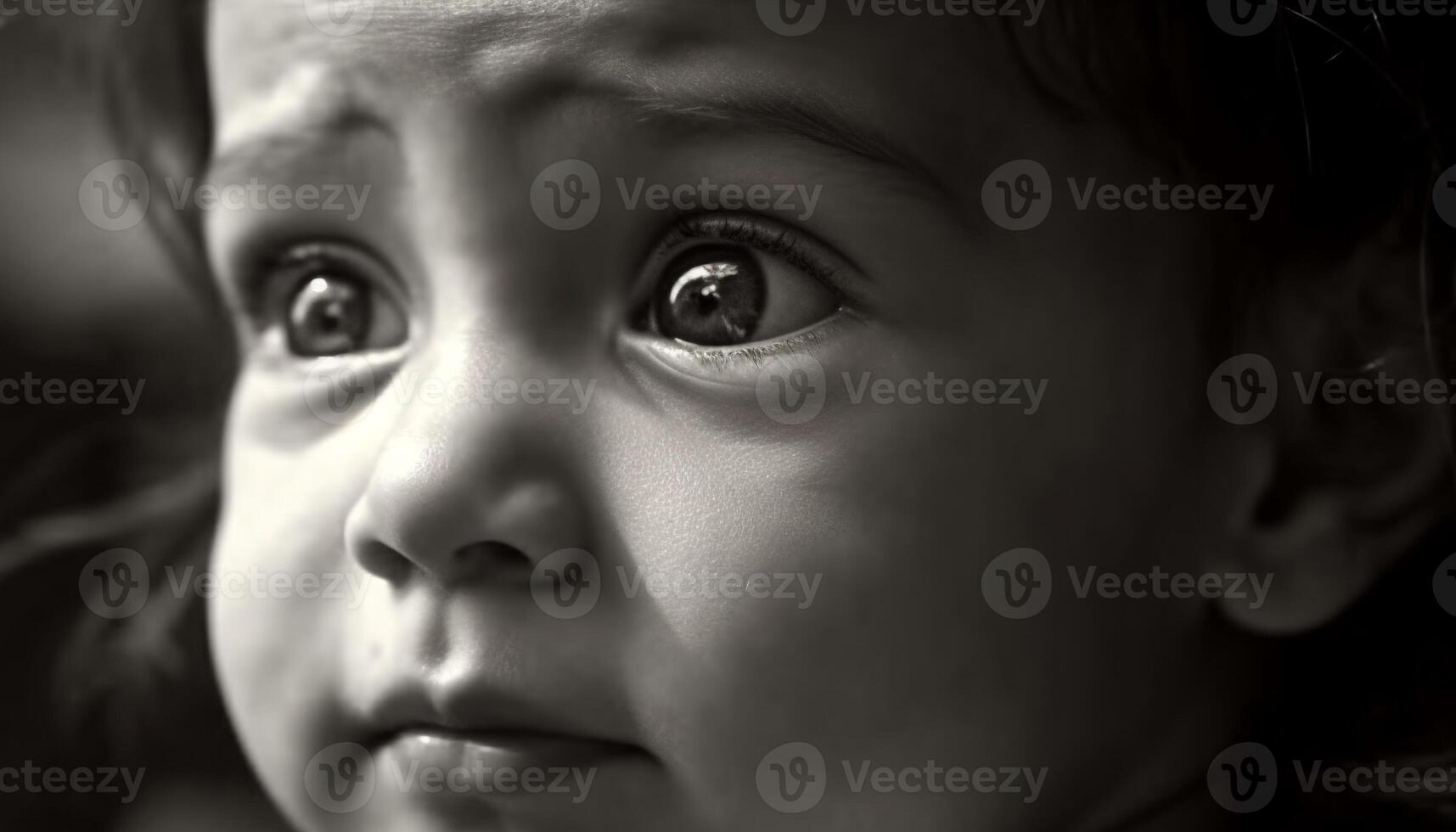 Cute toddler boy with brown hair looking up outdoors happily generated by AI photo