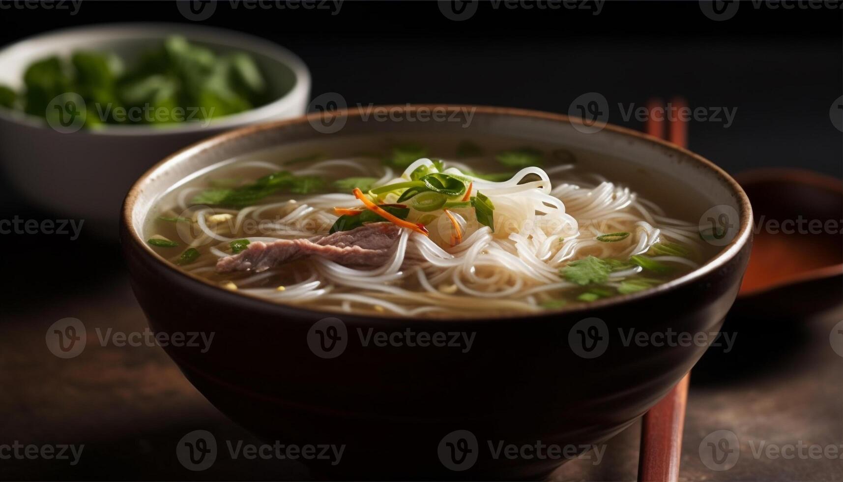 Fresh vegetable noodle soup with pork and chili pepper spice generated by AI photo