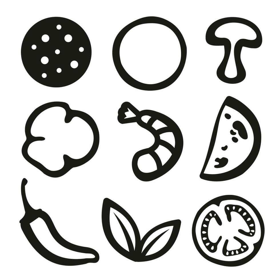 a collection of ingredients, vegetables and sausage . Doodle collection of slices of organic products for pizza or salad vector