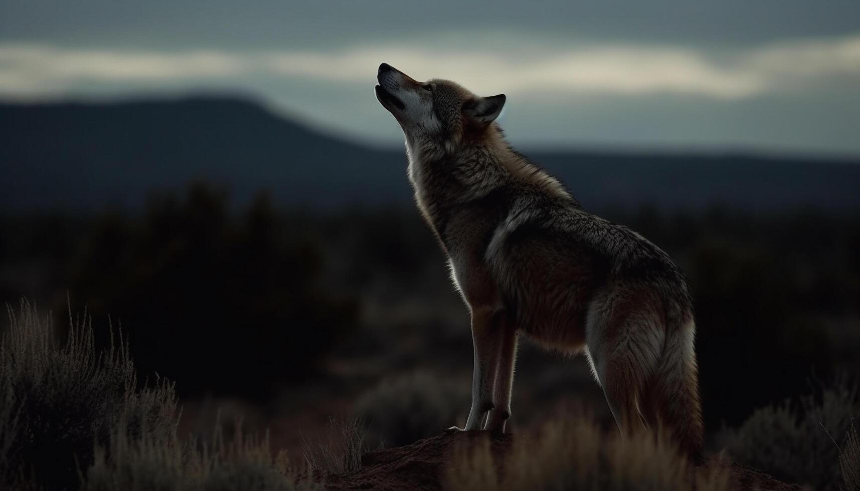 Wilderness area One wolf standing, watching nature tranquil beauty generated by AI photo
